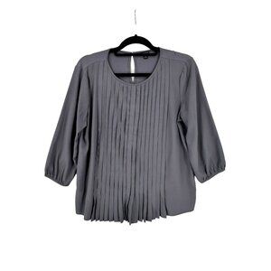 Ann Taylor Pleated‎ Front Blouse Round Neck 3/4 Sleeves Gray Medium Career